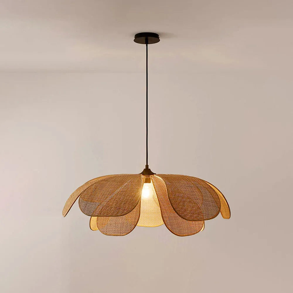 Pendant Light | Petal-Shaped Woven Rattan Shade | Metal Frame