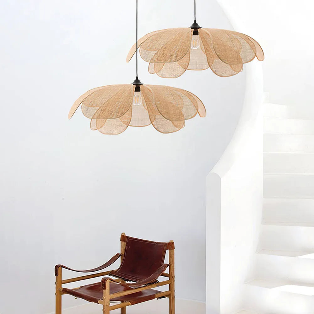 Pendant Light | Petal-Shaped Woven Rattan Shade | Metal Frame