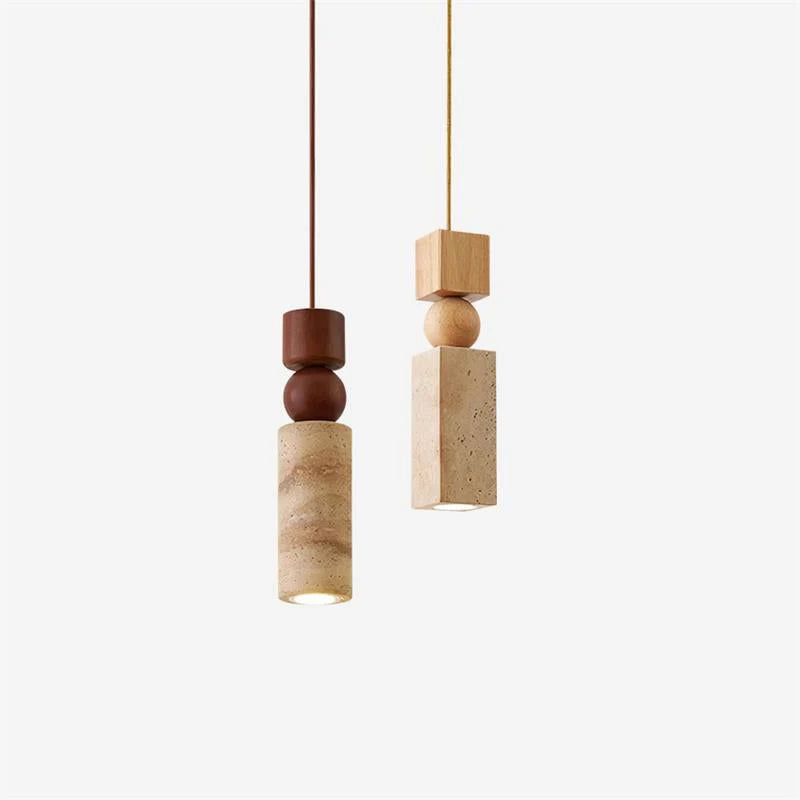Pendant Lamp | Minimalist Wood & Travertine | Adjustable Cable
