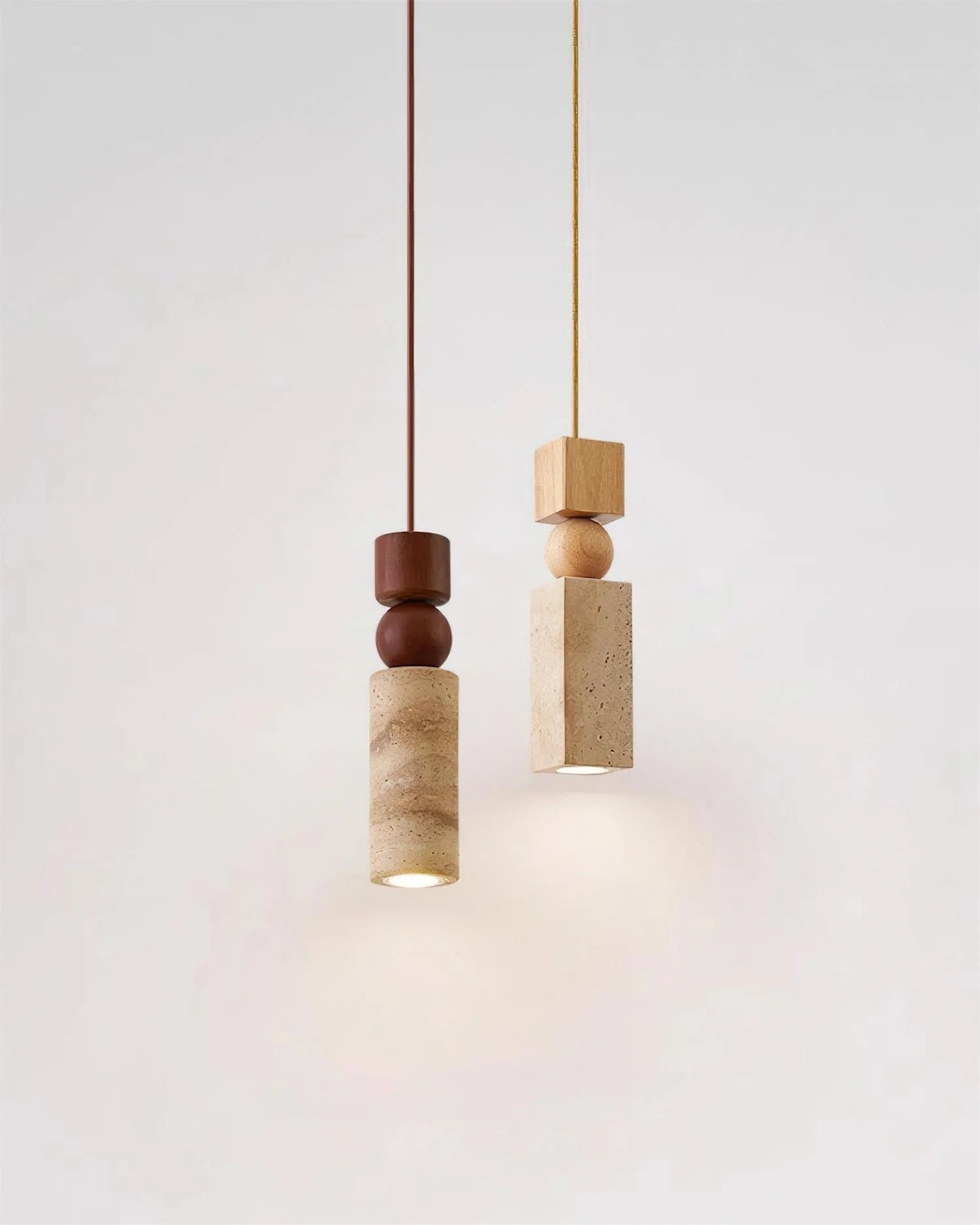 Pendant Lamp | Minimalist Wood & Travertine | Adjustable Cable