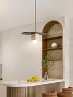 Pendant Light | Travertine Disc & Walnut Wood | Glass Shade, 30 cm