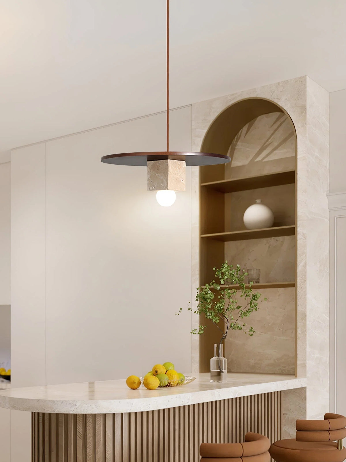 Pendant Light | Travertine Disc & Walnut Wood | Glass Shade, 30 cm