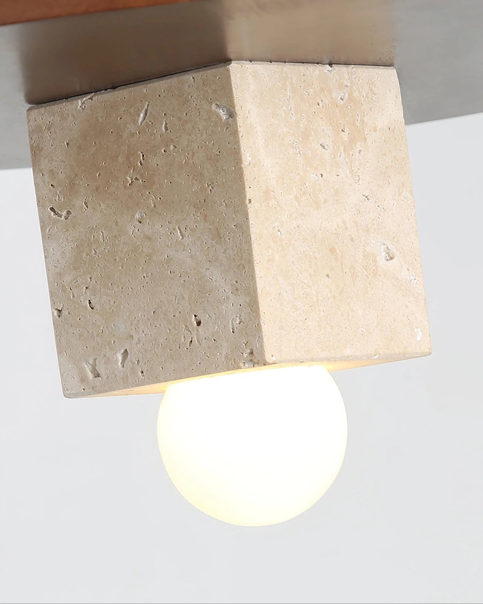Pendant Light | Travertine Disc & Walnut Wood | Glass Shade, 30 cm