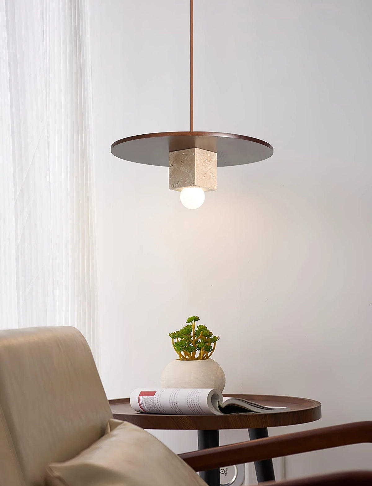 Pendant Light | Travertine Disc & Walnut Wood | Glass Shade, 30 cm