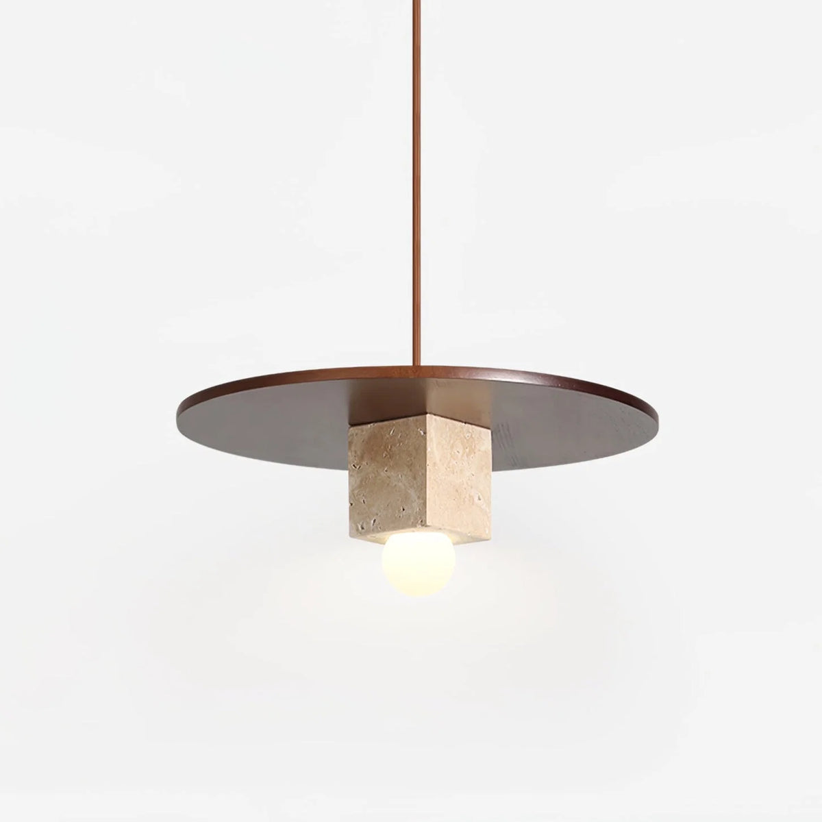 Pendant Light | Travertine Disc & Walnut Wood | Glass Shade, 30 cm