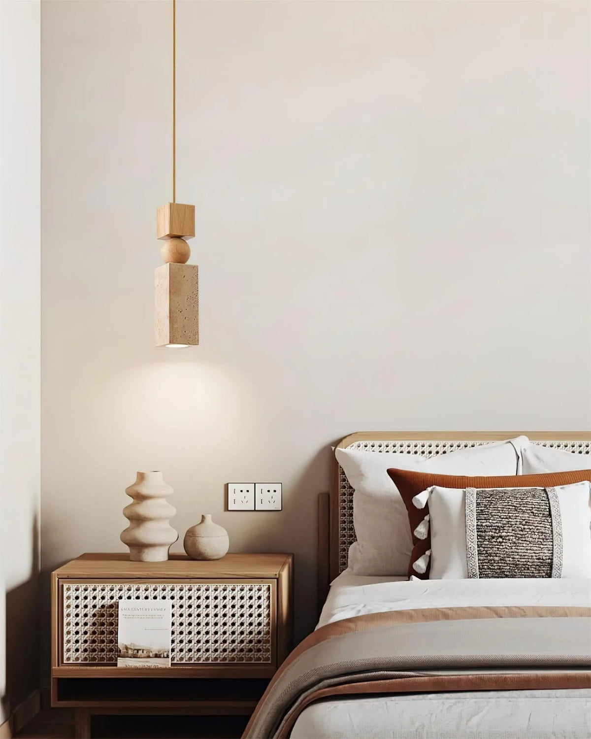 Pendant Lamp | Minimalist Wood & Travertine | Adjustable Cable