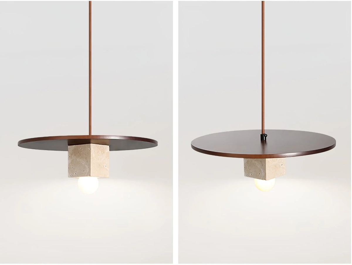 Pendant Light | Travertine Disc & Walnut Wood | Glass Shade, 30 cm