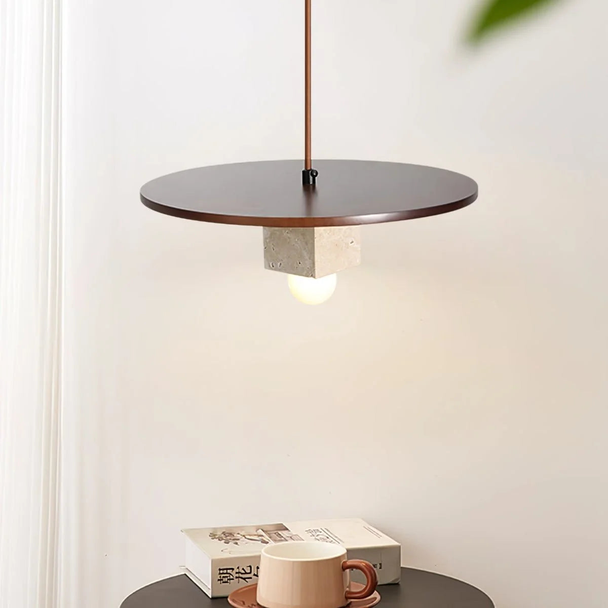 Pendant Light | Travertine Disc & Walnut Wood | Glass Shade, 30 cm