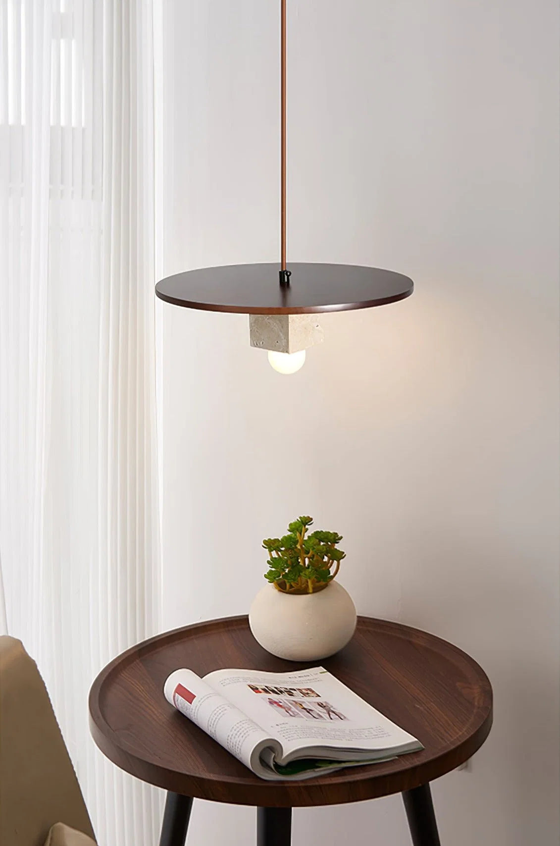 Pendant Light | Travertine Disc & Walnut Wood | Glass Shade, 30 cm
