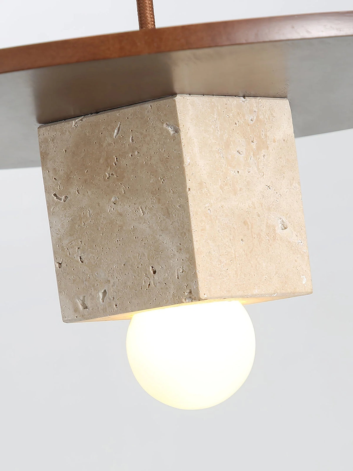 Pendant Light | Travertine Disc & Walnut Wood | Glass Shade, 30 cm