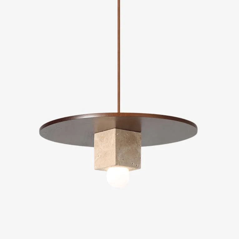 Pendant Light | Travertine Disc & Walnut Wood | Glass Shade, 30 cm