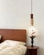 Pendant Lamp | Minimalist Wood & Travertine | Adjustable Cable