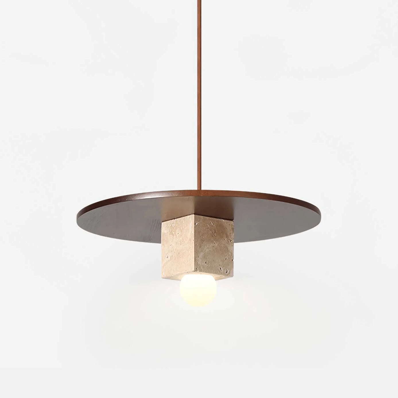 Pendant Light | Travertine Disc & Walnut Wood | Glass Shade, 30 cm