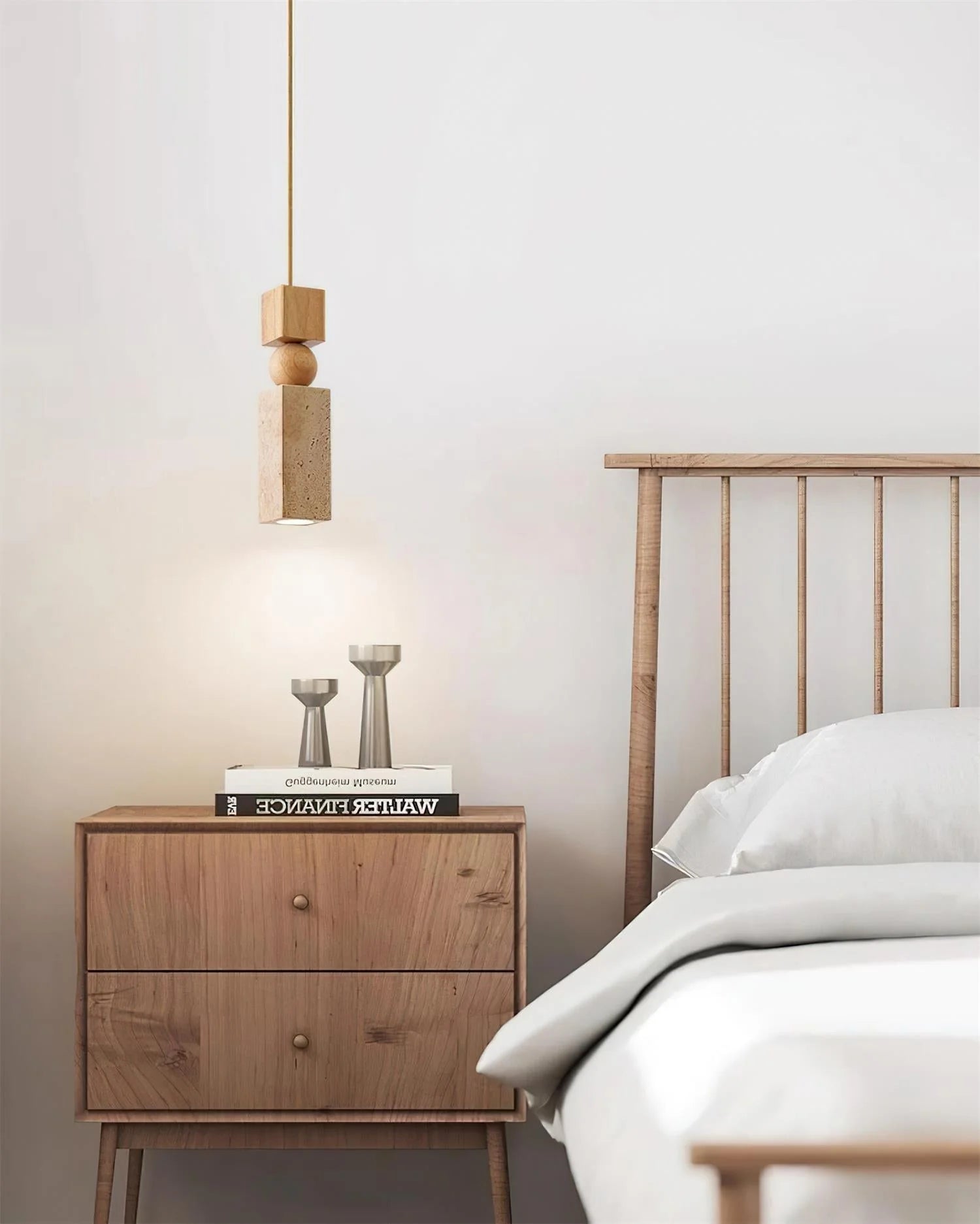 Pendant Lamp | Minimalist Wood & Travertine | Adjustable Cable