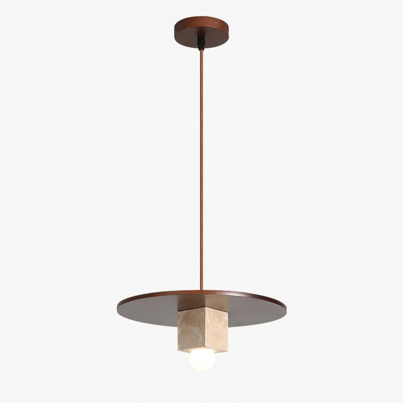 Pendant Light | Travertine Disc & Walnut Wood | Glass Shade, 30 cm
