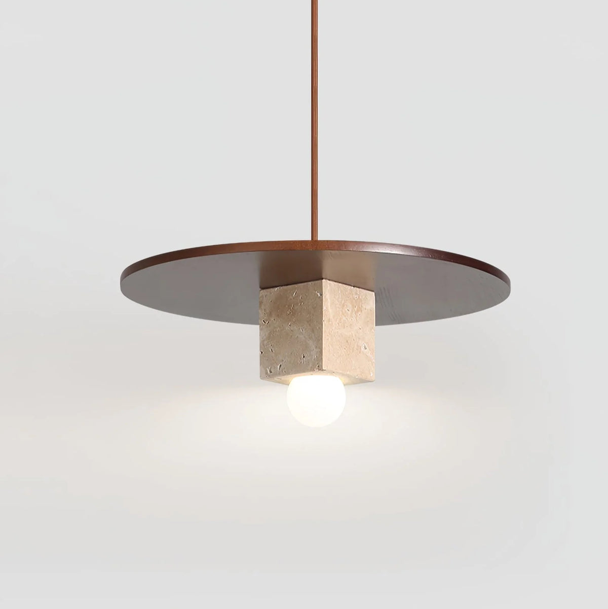 Pendant Light | Travertine Disc & Walnut Wood | Glass Shade, 30 cm