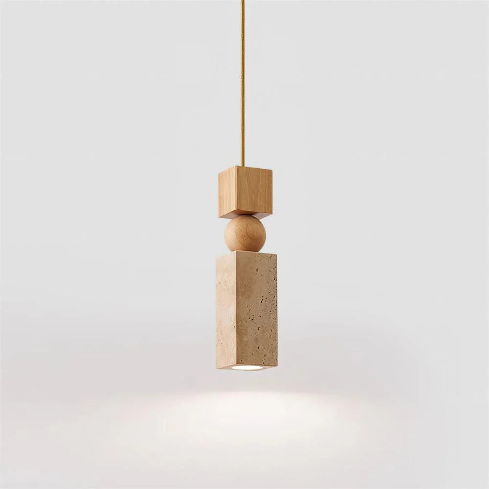 Pendant Lamp | Minimalist Wood & Travertine | Adjustable Cable