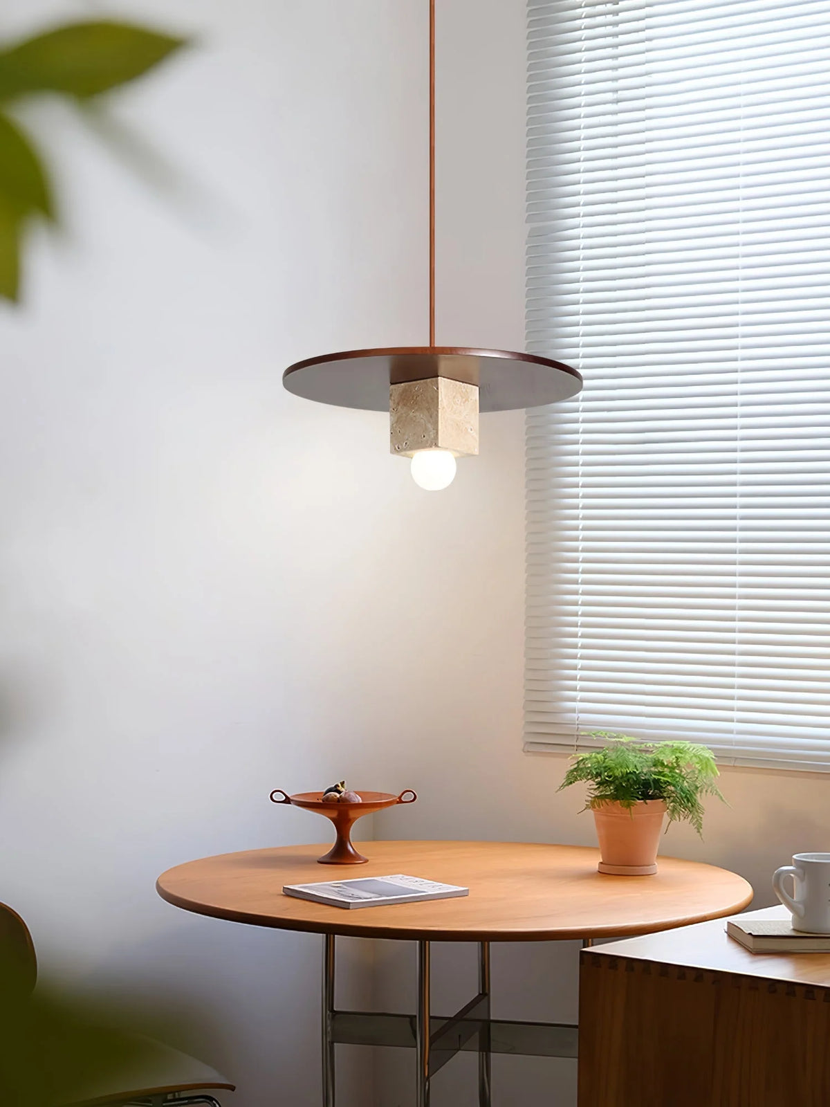 Pendant Light | Travertine Disc & Walnut Wood | Glass Shade, 30 cm