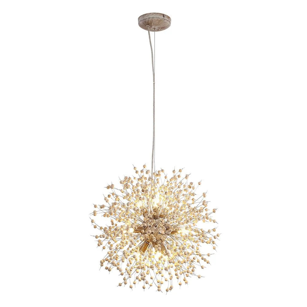 Pendant Light | Wood Bead Starburst Shade | Whitewashed Finish