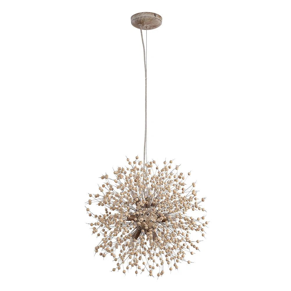 Pendant Light | Wood Bead Starburst Shade | Whitewashed Finish