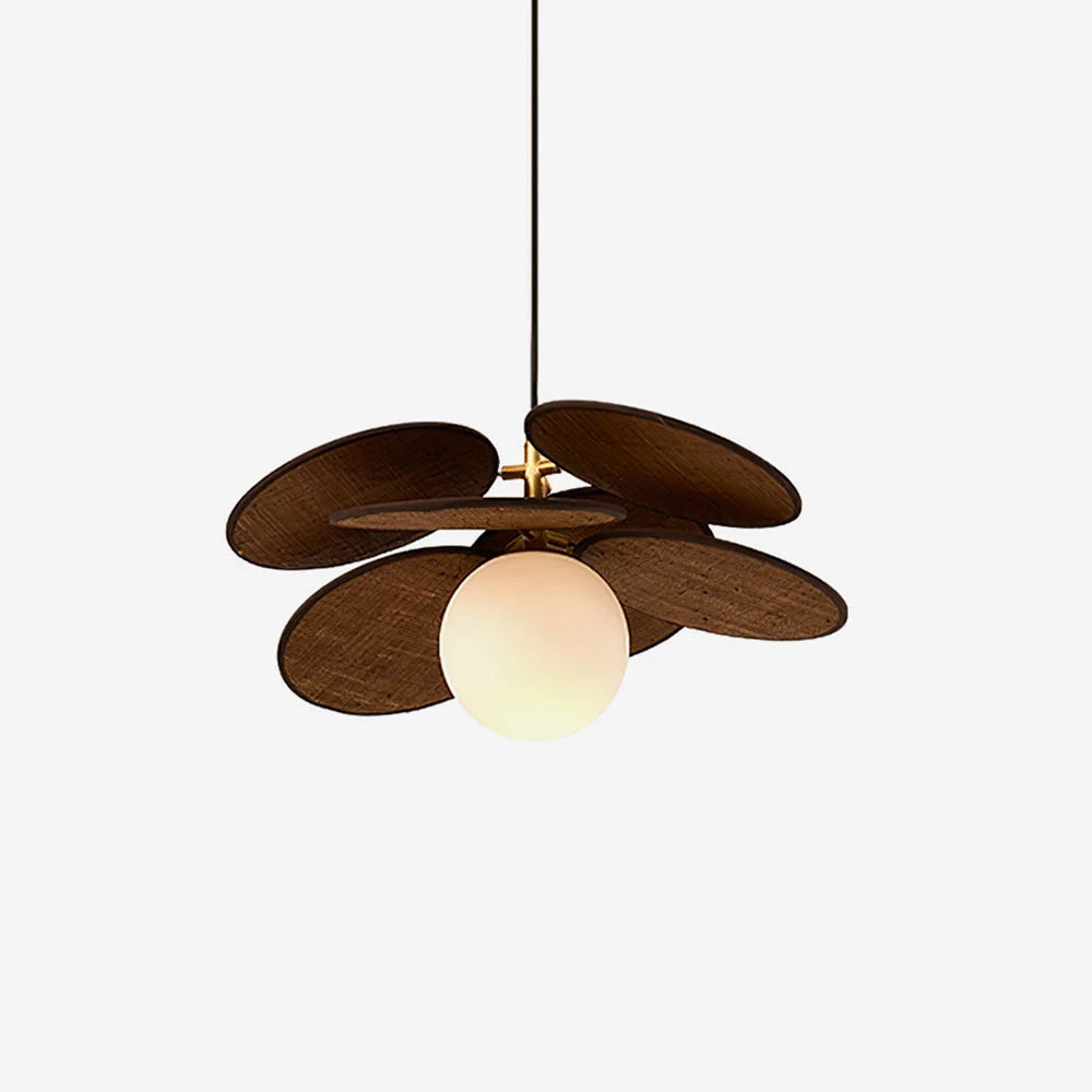 Pendant Light | Layered Wooden Petal Shade | Glass Orb Core