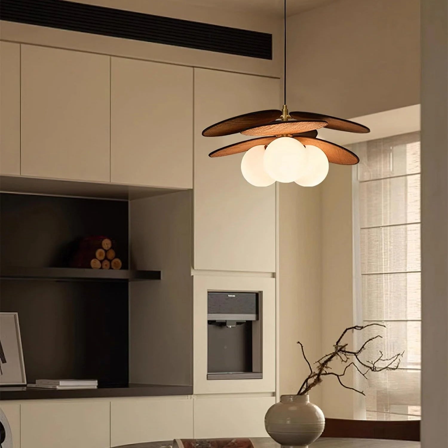 Pendant Light | Layered Wooden Petal Shade | Glass Orb Core
