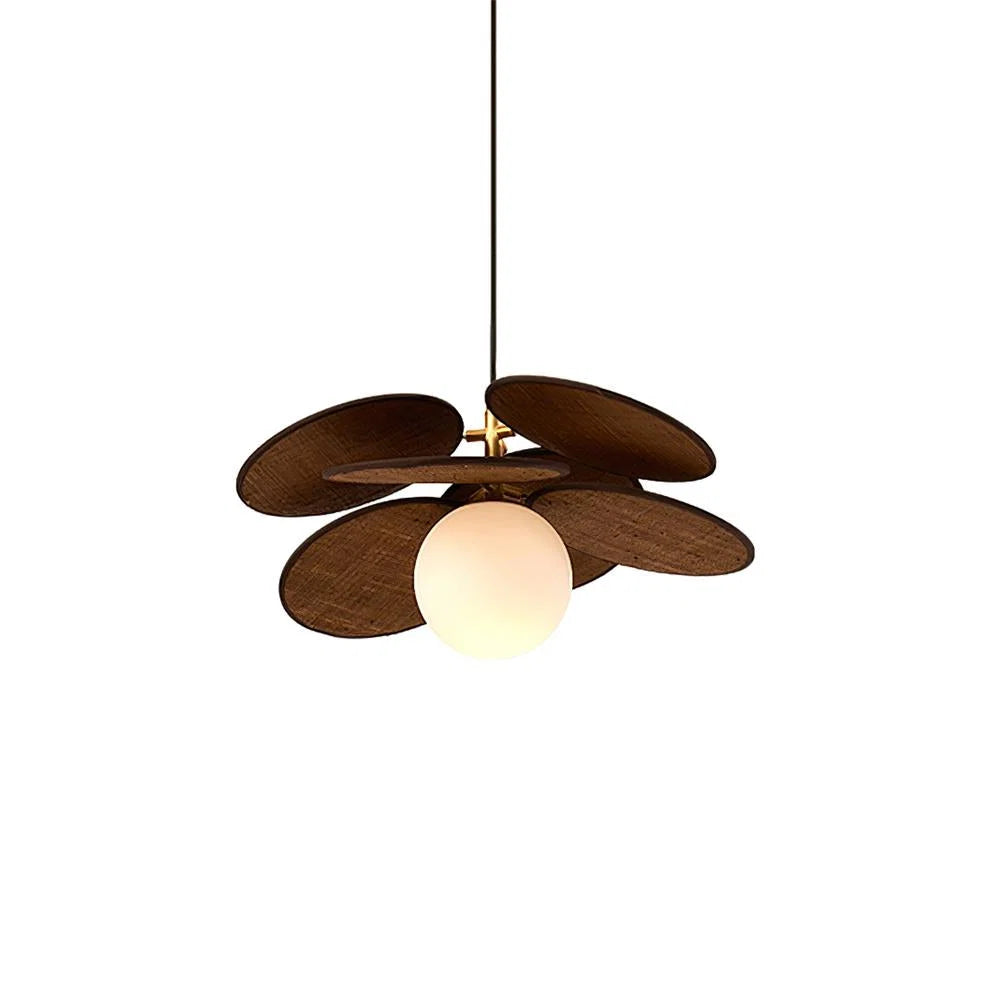 Pendant Light | Layered Wooden Petal Shade | Glass Orb Core