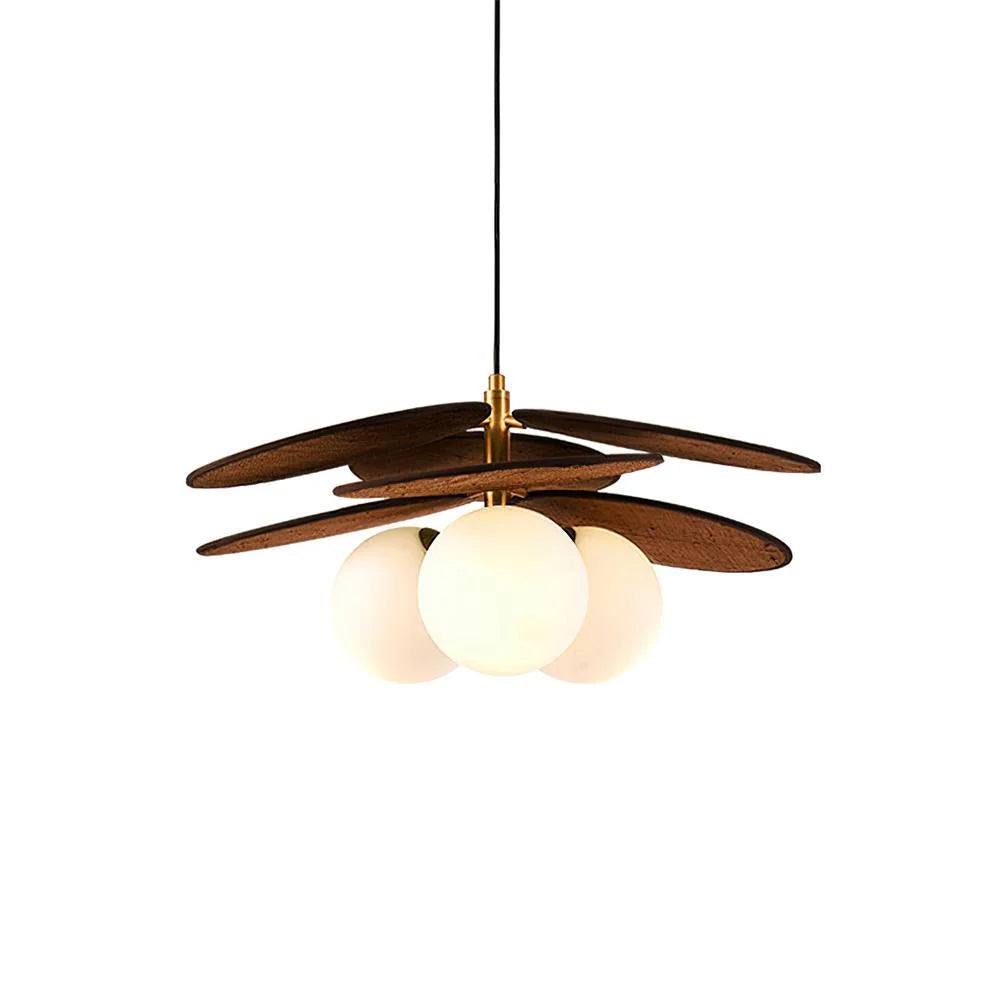 Pendant Light | Layered Wooden Petal Shade | Glass Orb Core