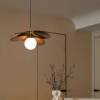 Pendant Light | Layered Wooden Petal Shade | Glass Orb Core