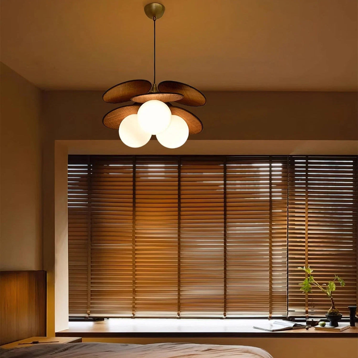 Pendant Light | Layered Wooden Petal Shade | Glass Orb Core