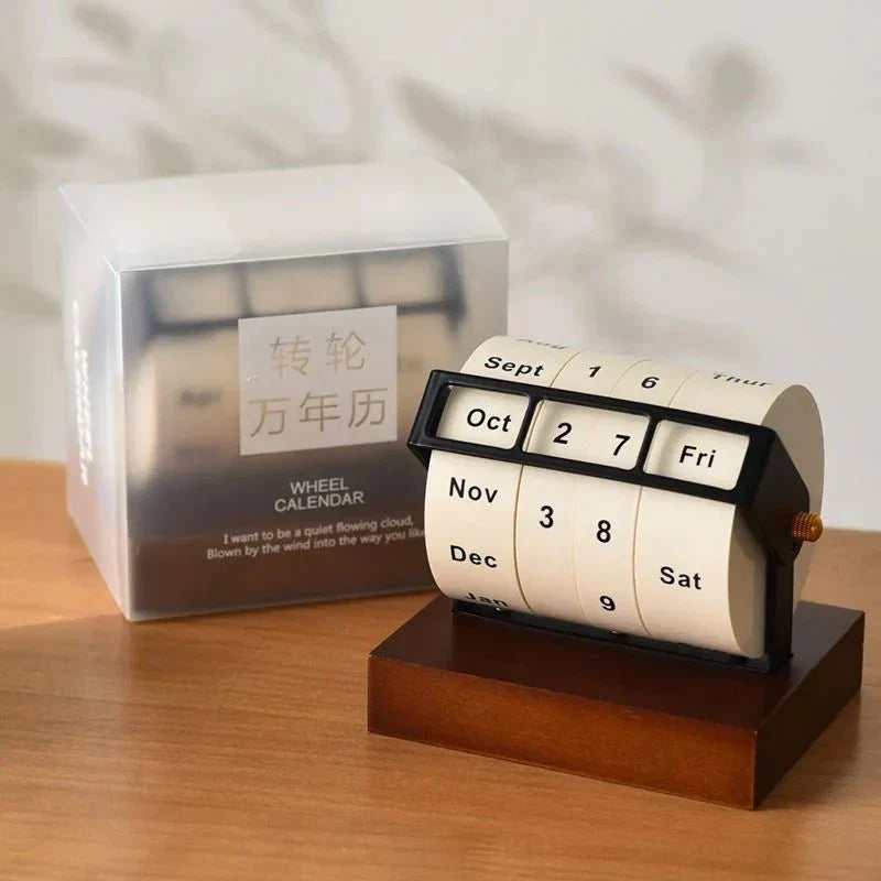 Perpetual Desk Calendar | Roll-Wheel Wood & Metal