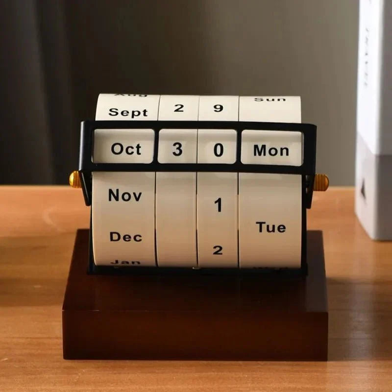 Perpetual Desk Calendar | Roll-Wheel Wood & Metal