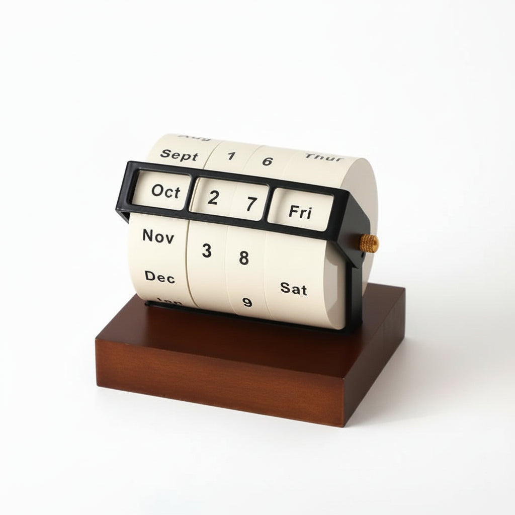 Perpetual Desk Calendar | Roll-Wheel Wood & Metal