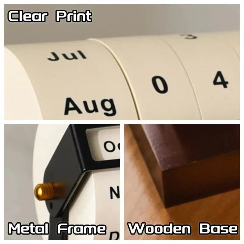 Perpetual Desk Calendar | Roll-Wheel Wood & Metal