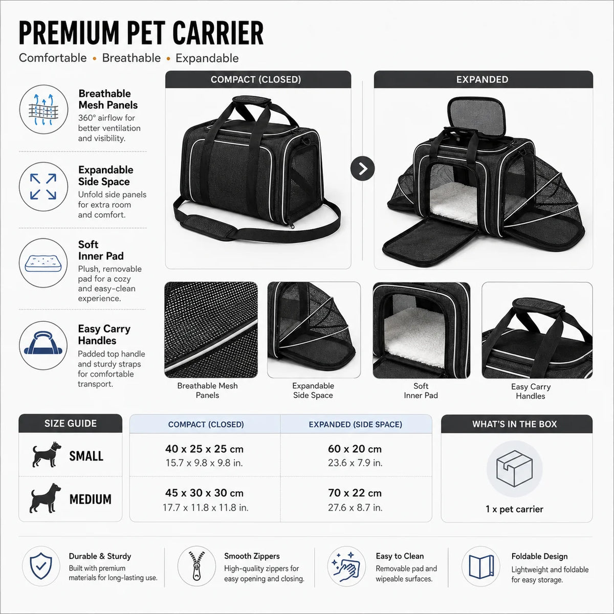 Pet Carrier | Expandable & Breathable Mesh | Small & Medium