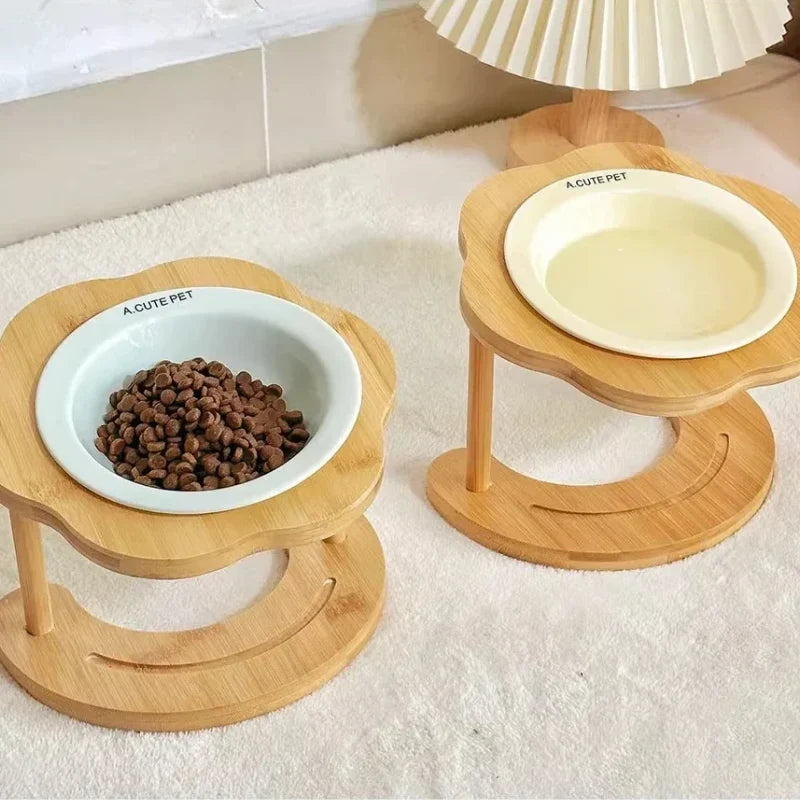 Pet Feeding Bowl | Ceramic Bowl & Elevated Bamboo Stand | For Cats & Small Dogs