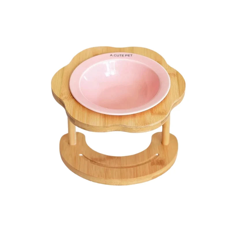 Pet Feeding Bowl | Ceramic Bowl & Elevated Bamboo Stand | For Cats & Small Dogs