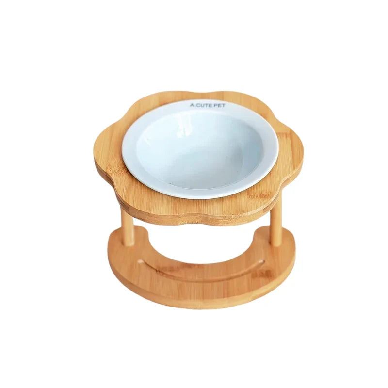 Pet Feeding Bowl | Ceramic Bowl & Elevated Bamboo Stand | For Cats & Small Dogs