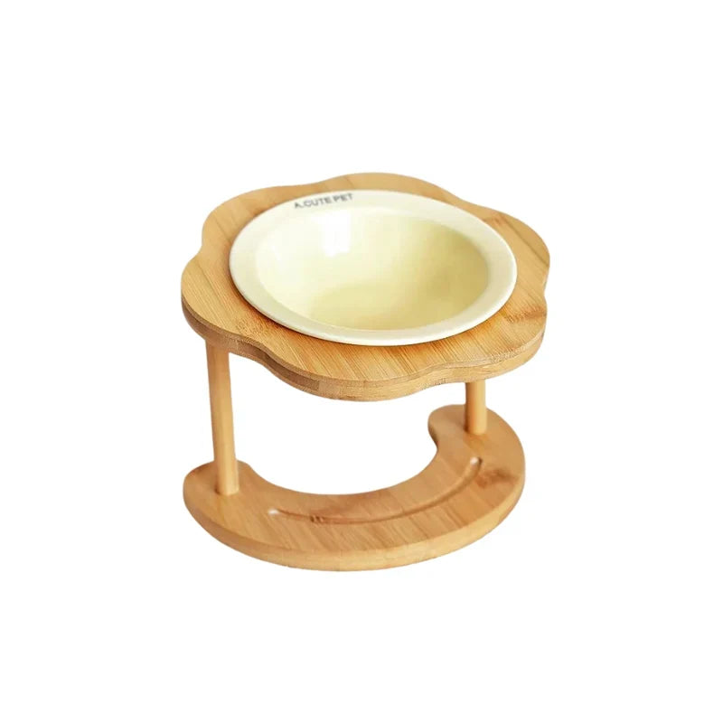 Pet Feeding Bowl | Ceramic Bowl & Elevated Bamboo Stand | For Cats & Small Dogs