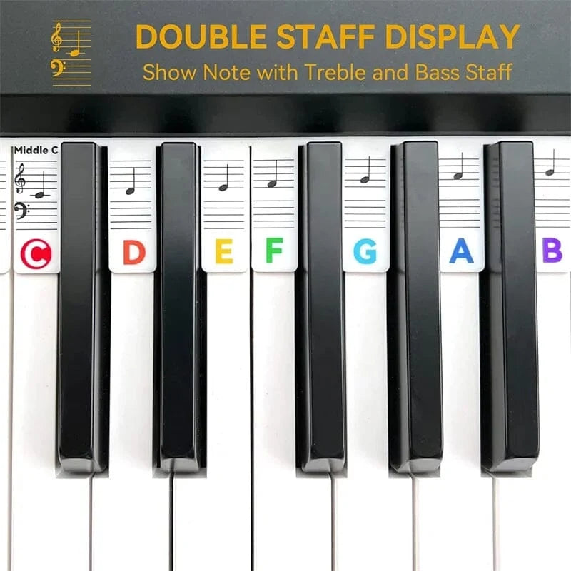 Piano Key Labels | Removable Silicone & Double-Staff Notation | Fits 88-Key Pianos