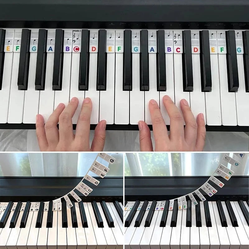 Piano Key Labels | Removable Silicone & Double-Staff Notation | Fits 88-Key Pianos
