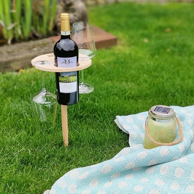 Picnic Table | Foldable Birch Wood & Wine Holder | 38 cm Tabletop