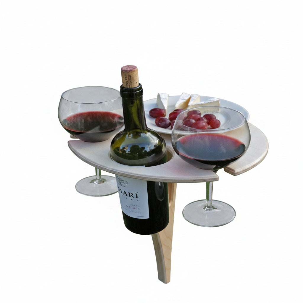 Picnic Table | Foldable Birch Wood & Wine Holder | 38 cm Tabletop
