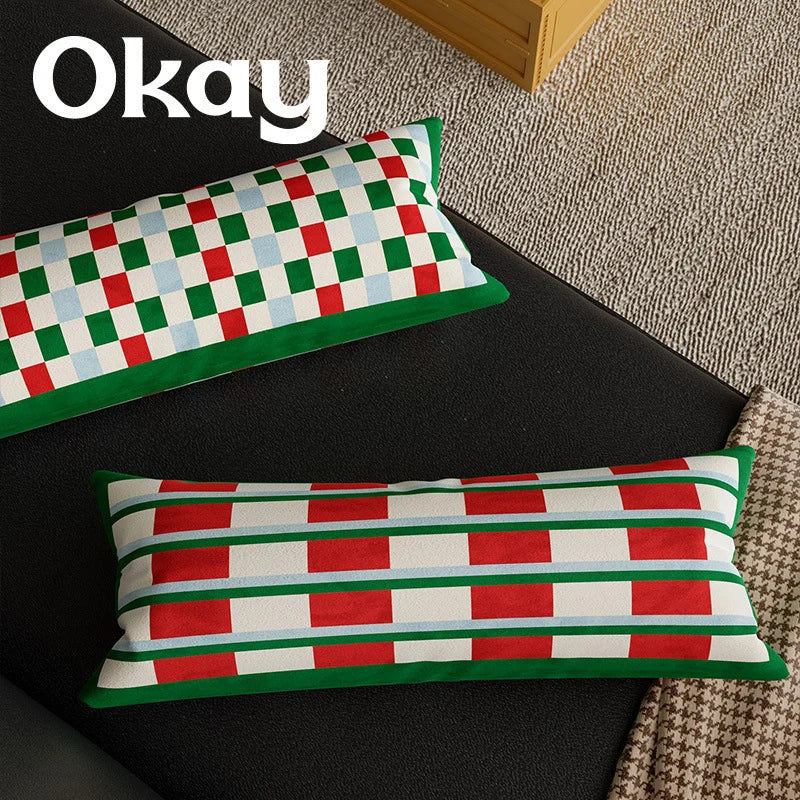 Pillow Cover | Velvet & Checkerboard Texture | Long Lumbar