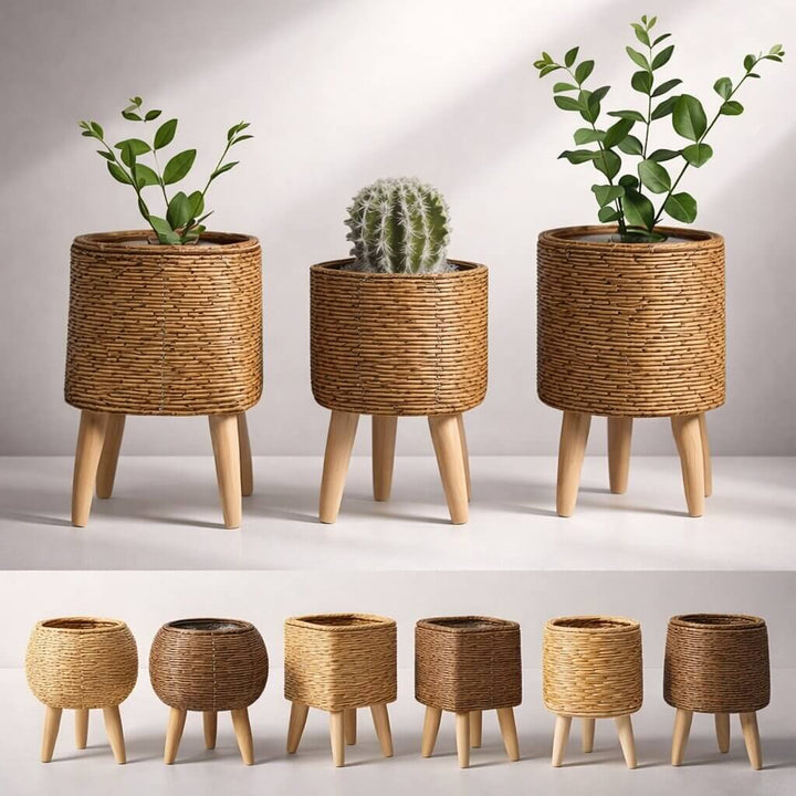 Plant Pot | Basket Weave & Wooden Feet | Inner Planting Insert