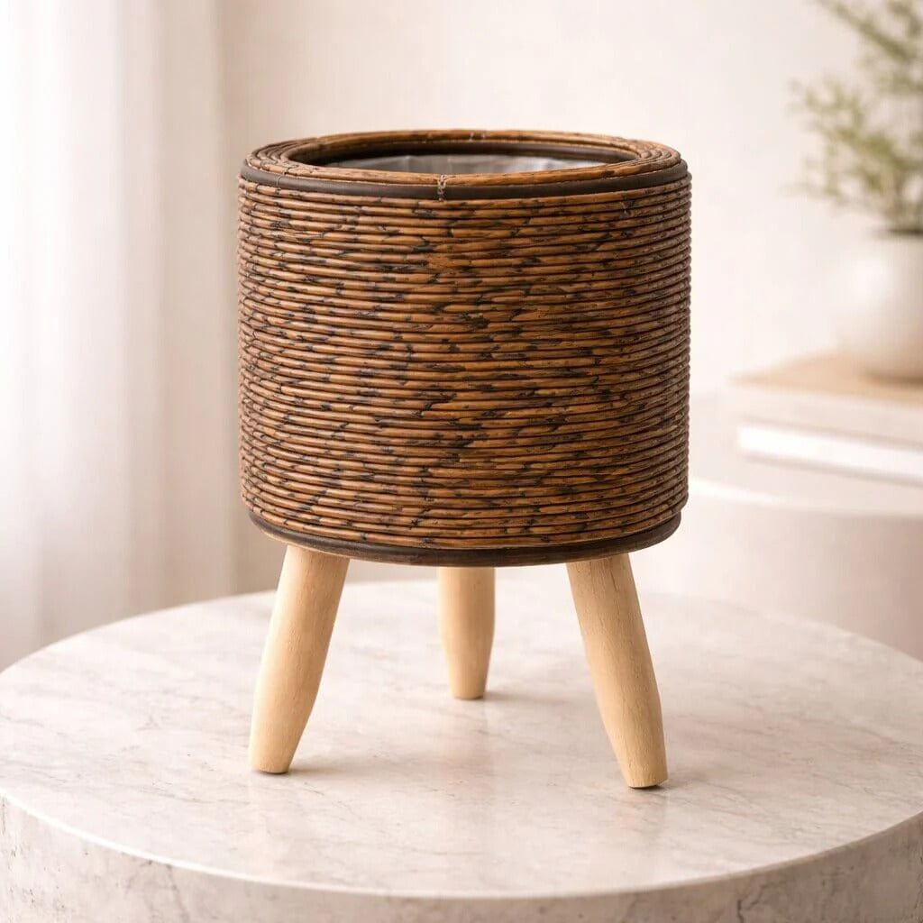 Plant Pot | Basket Weave & Wooden Feet | Inner Planting Insert