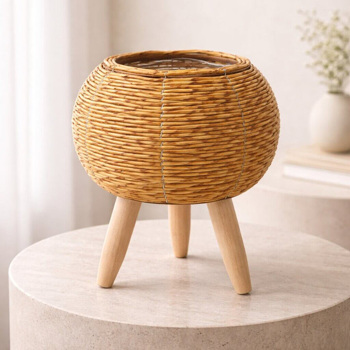 Plant Pot | Basket Weave & Wooden Feet | Inner Planting Insert