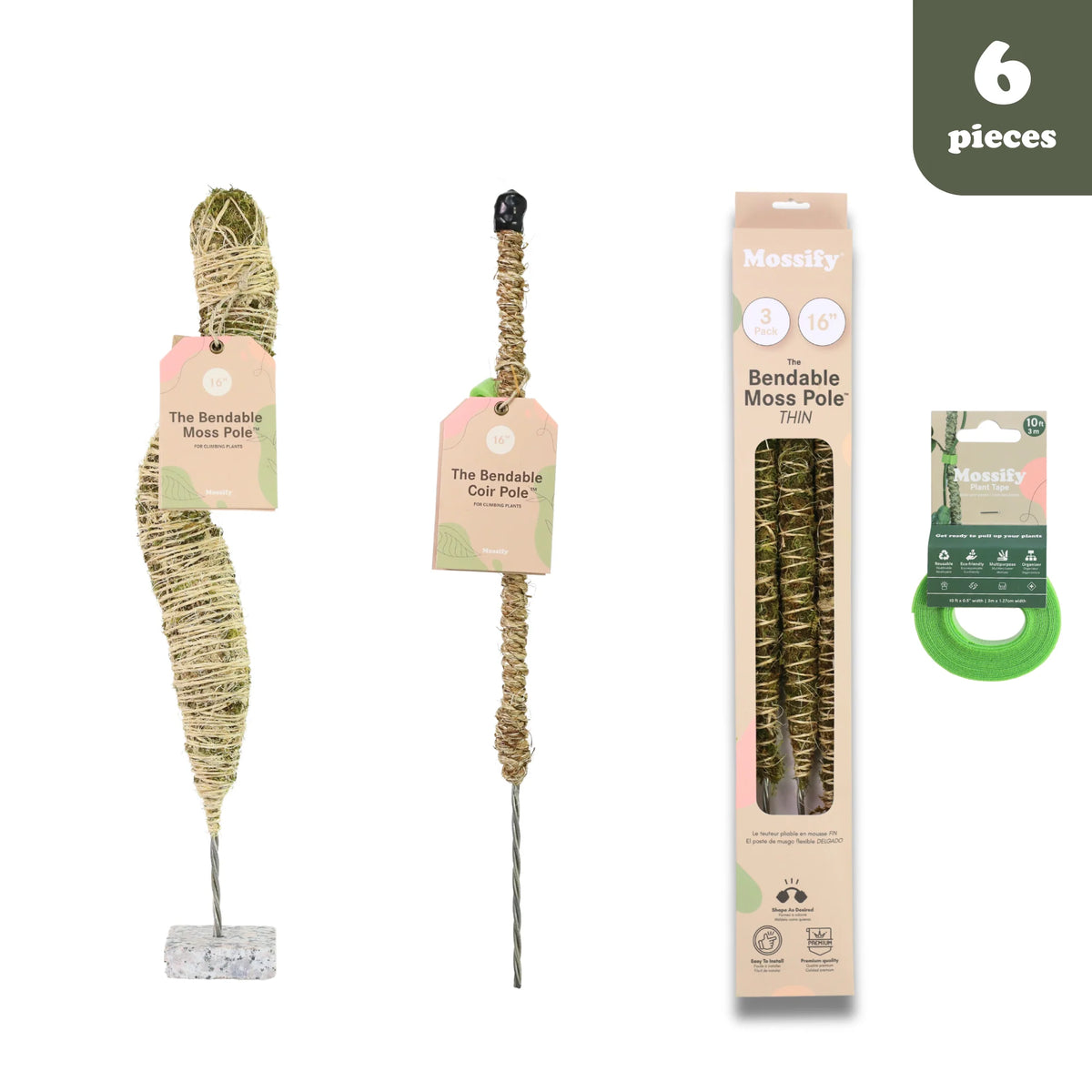 Plant Support Pole Set | Bendable Moss & Coir Poles | Flexible Design