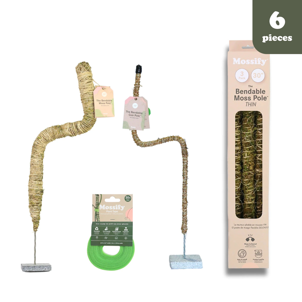 Plant Support Pole Set | Bendable Moss & Coir Poles | Flexible Design