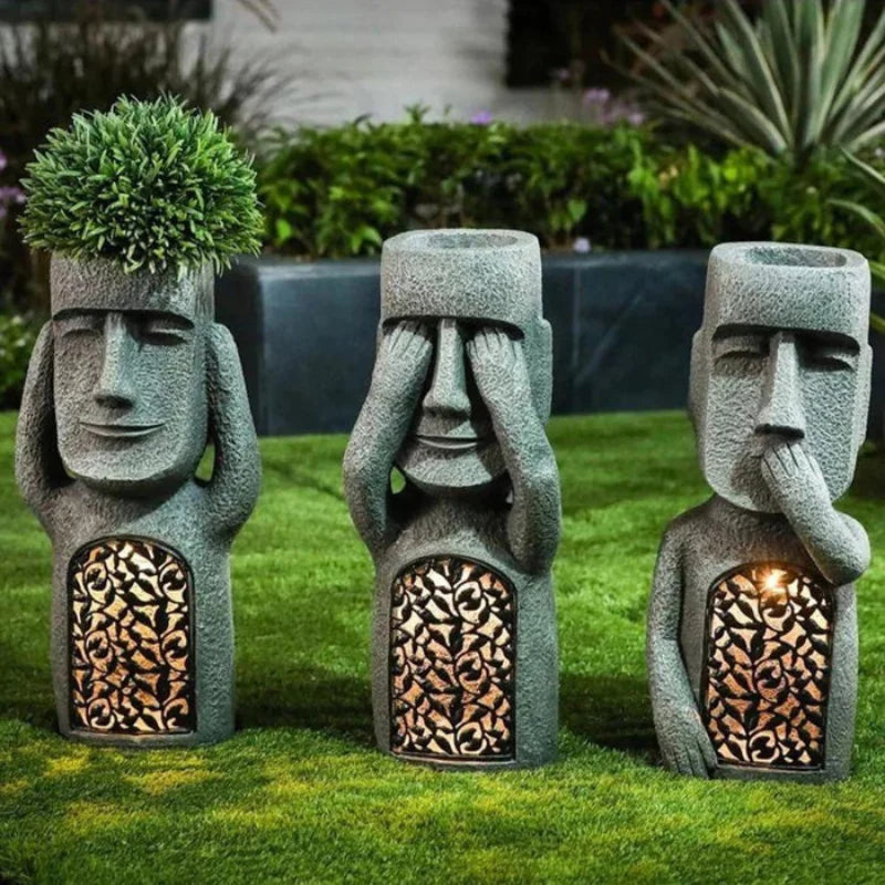 Planter | Abstract Resin Face & Integrated Solar LED